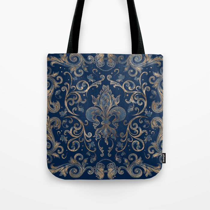 Fleur-de-lis ornament Blue Marble and Gold Tote Bag Gallery Image 1