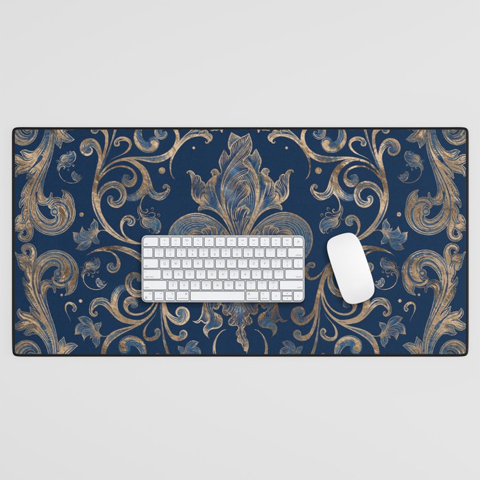 Fleur-de-lis ornament Blue Marble and Gold Desk Mat Gallery Image 1