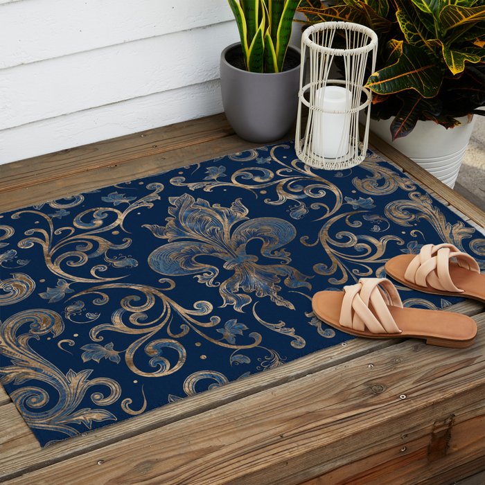 Fleur-de-lis ornament Blue Marble and Gold Outdoor Rug Gallery Image 2