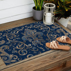 Fleur-de-lis ornament Blue Marble and Gold Outdoor Rug Gallery Image 2