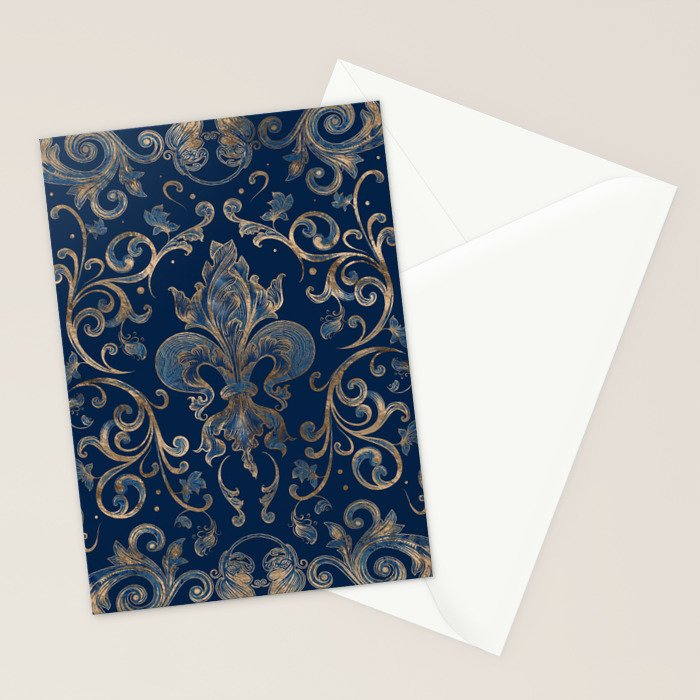 Fleur-de-lis ornament Blue Marble and Gold Stationery Card Gallery Image 2