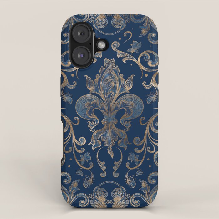 Fleur-de-lis ornament Blue Marble and Gold iPhone Case Gallery Image 1