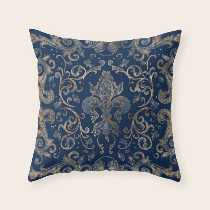 Fleur-de-lis ornament Blue Marble and Gold Throw Pillow Gallery Image 1