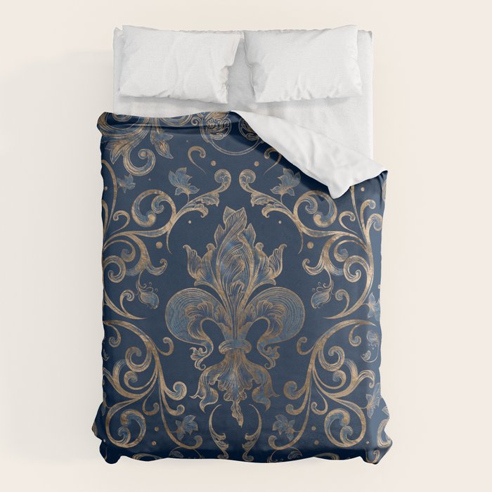 Fleur-de-lis ornament Blue Marble and Gold Duvet Cover