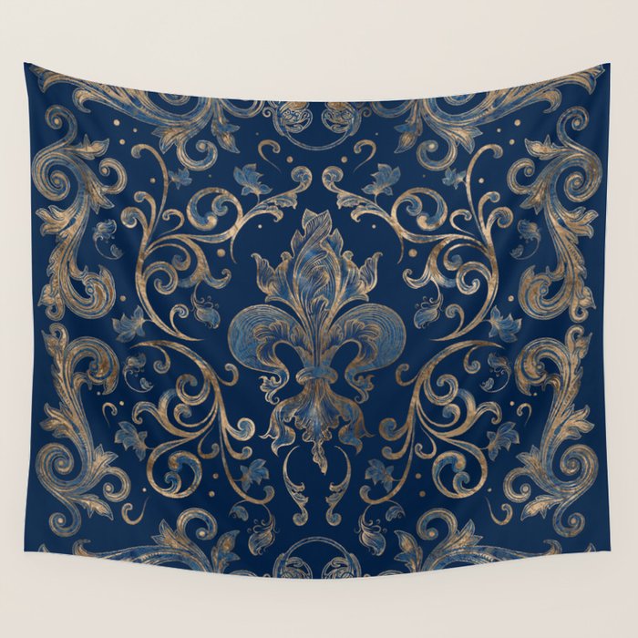 Fleur-de-lis ornament Blue Marble and Gold Wall Tapestry Gallery Image 4