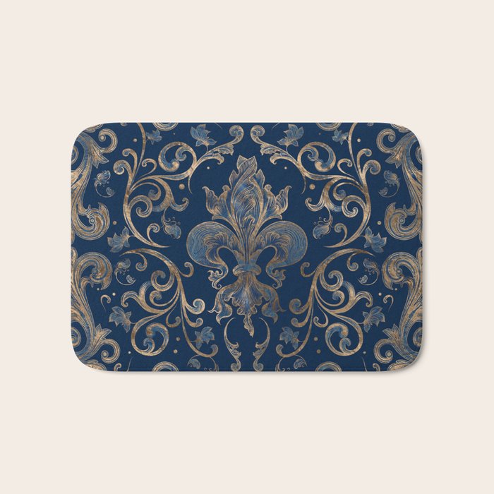 Fleur-de-lis ornament Blue Marble and Gold Bath Mat Gallery Image 1