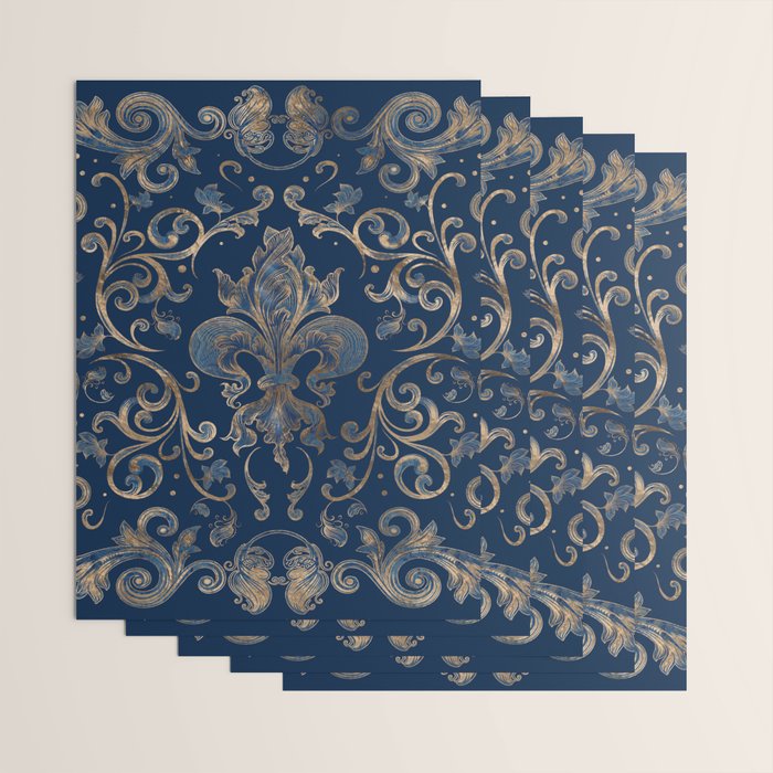 Fleur-de-lis ornament Blue Marble and Gold Wrapping Paper Gallery Image 3