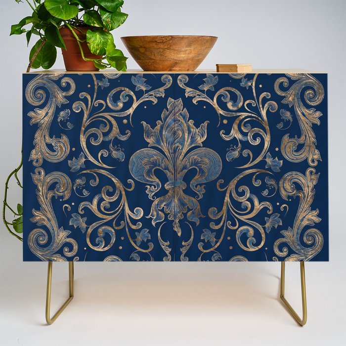 Fleur-de-lis ornament Blue Marble and Gold Credenza Gallery Image 1