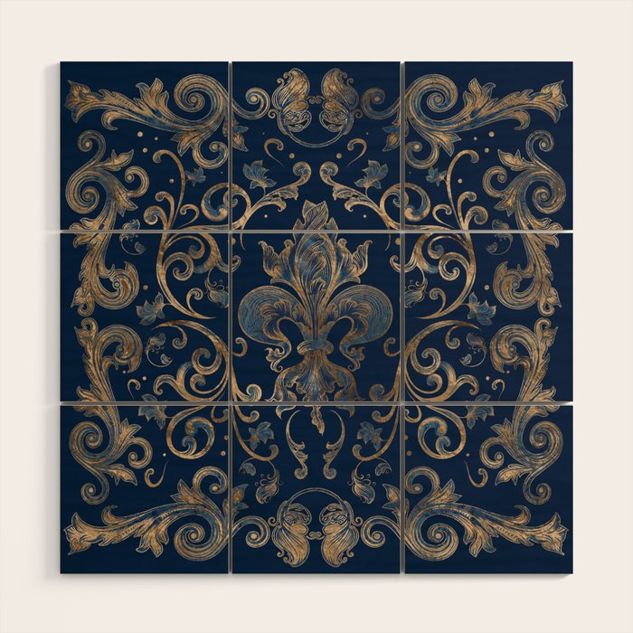 Fleur-de-lis ornament Blue Marble and Gold Wood Wall Art Gallery Image 1
