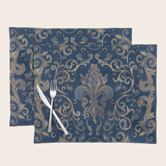 Fleur-de-lis ornament Blue Marble and Gold Placemat Gallery Image 1