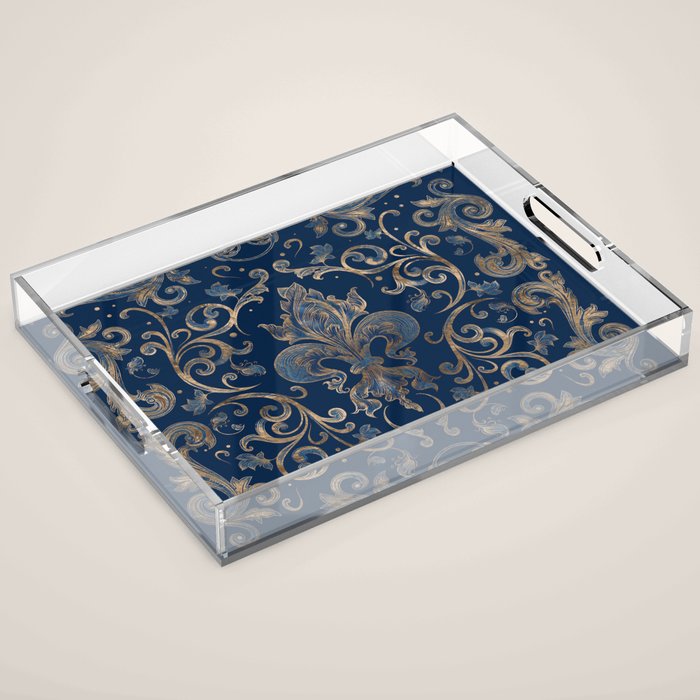 Fleur-de-lis ornament Blue Marble and Gold Acrylic Tray Gallery Image 1
