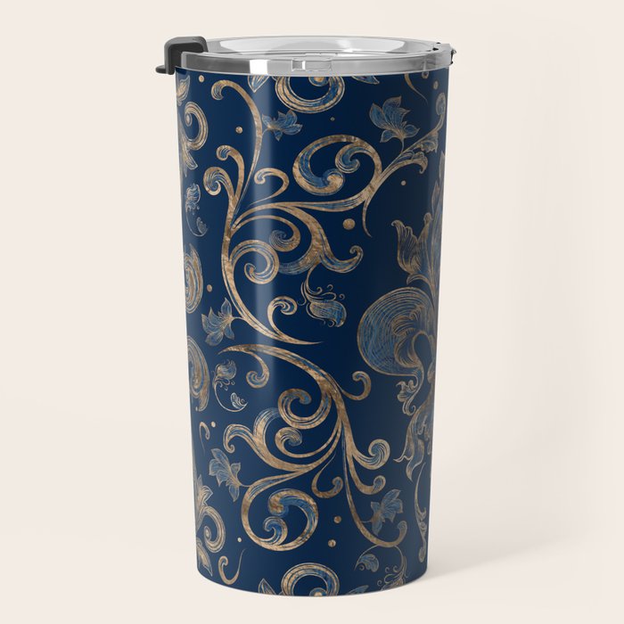 Fleur-de-lis ornament Blue Marble and Gold Travel Mug Gallery Image 3