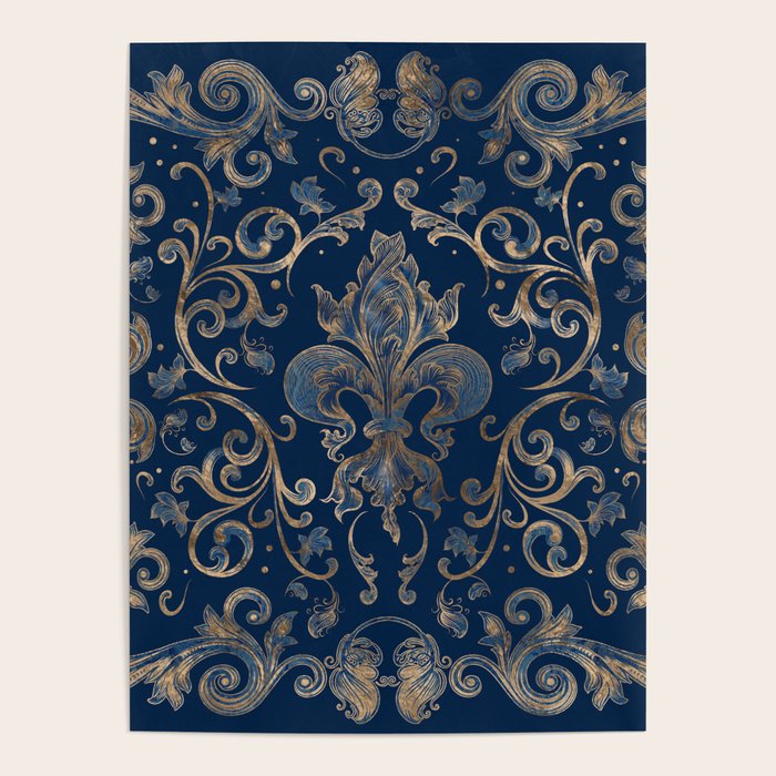 Fleur-de-lis ornament Blue Marble and Gold Poster Gallery Image 1