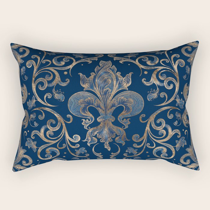 Fleur-de-lis ornament Blue Marble and Gold Rectangular Pillow Gallery Image 2
