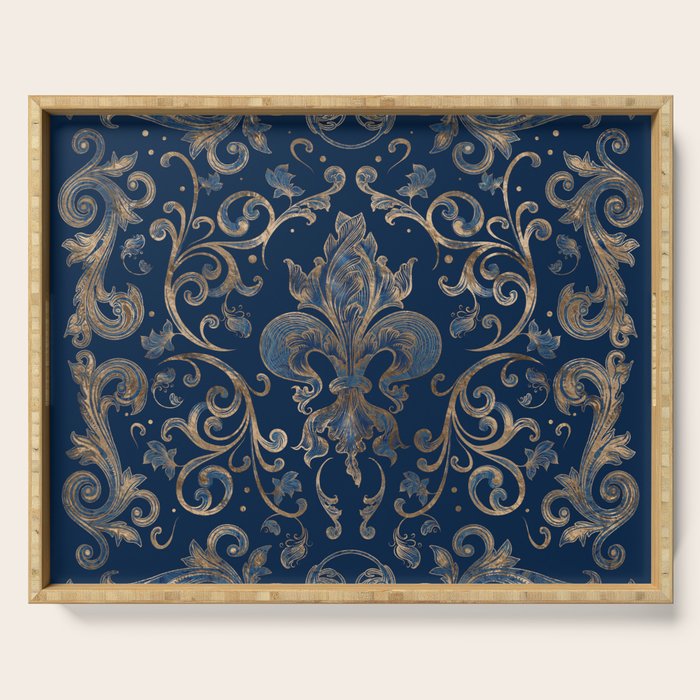 Fleur-de-lis ornament Blue Marble and Gold Serving Tray Gallery Image 1