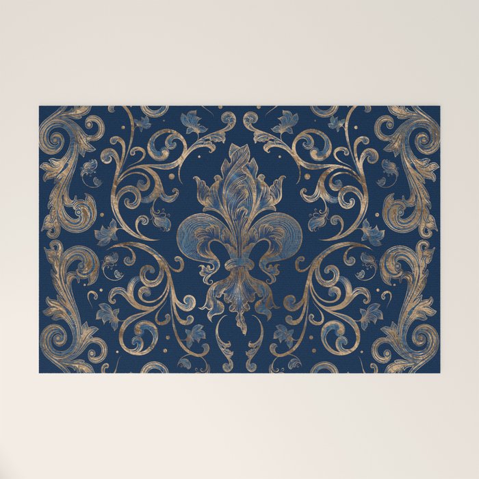Fleur-de-lis ornament Blue Marble and Gold Welcome Mat Gallery Image 1