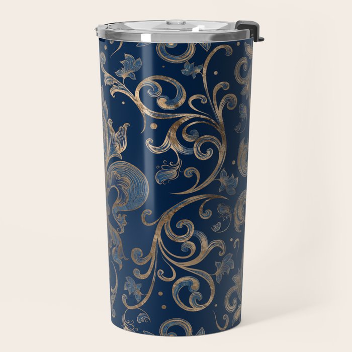 Fleur-de-lis ornament Blue Marble and Gold Travel Mug Gallery Image 2