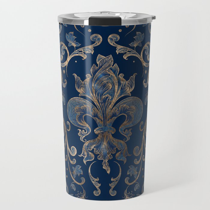 Fleur-de-lis ornament Blue Marble and Gold Travel Mug Gallery Image 1
