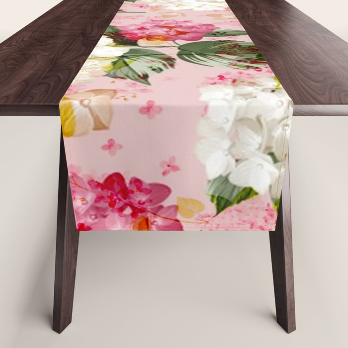 Vintage green pink white bohemian hortensia flowers Table Runner Gallery Image 1
