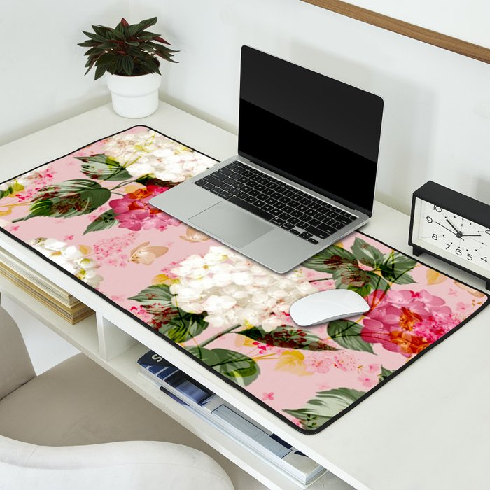 Vintage green pink white bohemian hortensia flowers Desk Mat Gallery Image 2
