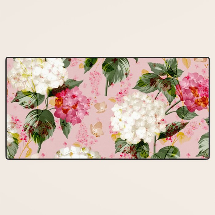 Vintage green pink white bohemian hortensia flowers Desk Mat Gallery Image 3
