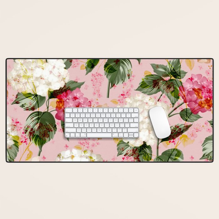 Vintage green pink white bohemian hortensia flowers Desk Mat Gallery Image 1