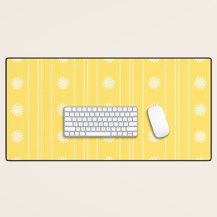 Daisy Stripes Pattern in Butter Yellow and White Desk Mat Gallery Image 1