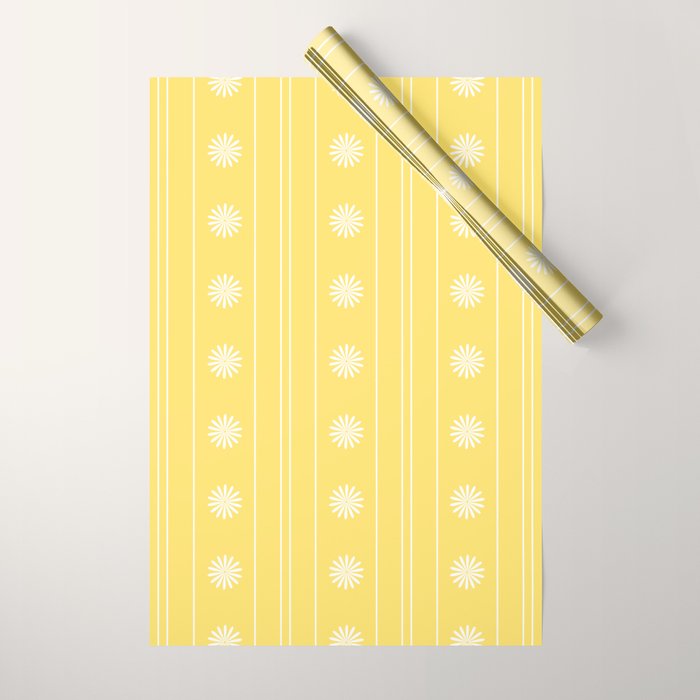Daisy Stripes Pattern in Butter Yellow and White Wrapping Paper Gallery Image 1