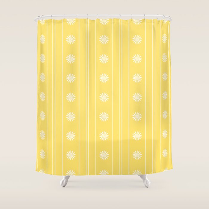 Daisy Stripes Pattern in Butter Yellow and White Shower Curtain Gallery Image 1