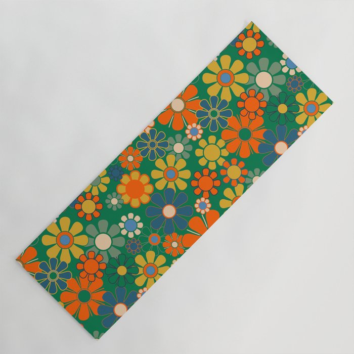 Retro Garden Flowers Groovy Green 60s 70s Floral Pattern Yoga Mat Gallery Image 1
