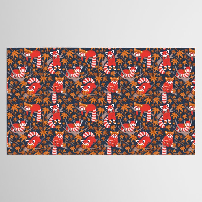 Red panda blending with the foliage // navy background red cozy animals fog brown taupe tree branches orange acer leaves Tablecloth Gallery Image 2