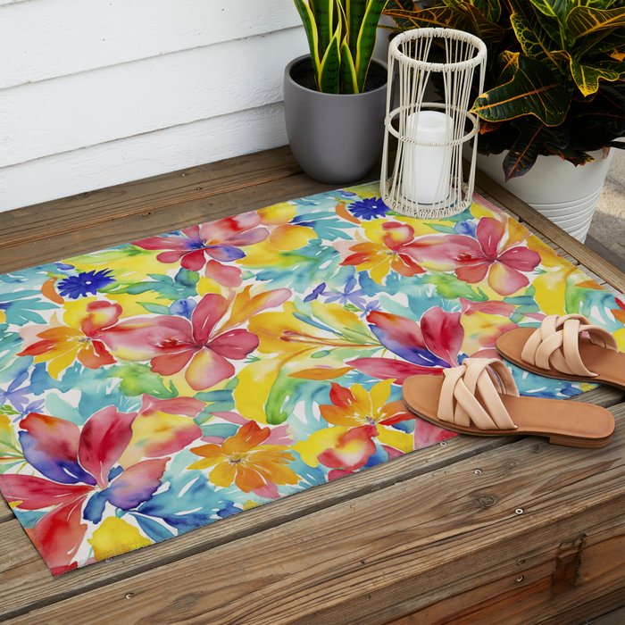 Fragments Of Botanical Memory Whimsical Watercolor Flower Meadow Outdoor Rug Gallery Image 2