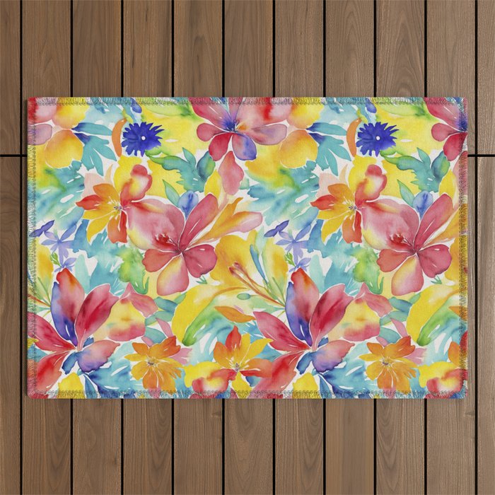 Fragments Of Botanical Memory Whimsical Watercolor Flower Meadow Outdoor Rug Gallery Image 1