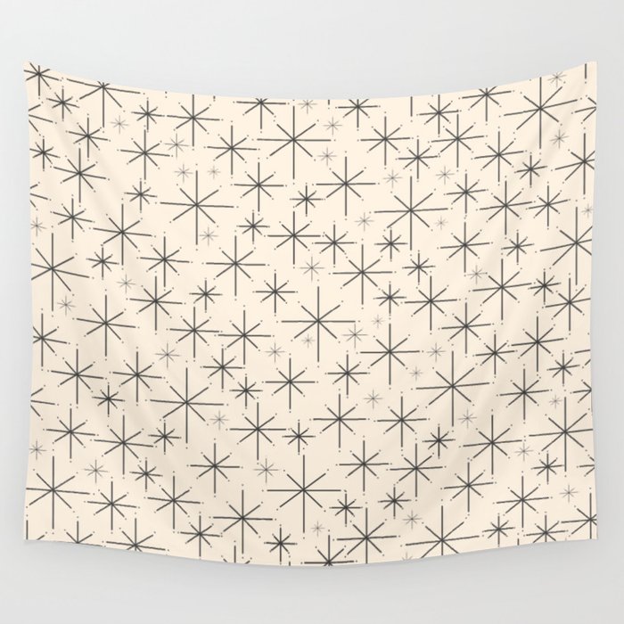 Stella III - Atomic Age Mid Century Modern Starburst Pattern in Charcoal Gray and Almond Cream Wall Tapestry Gallery Image 4