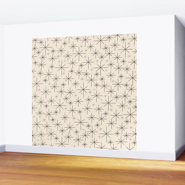 Stella III - Atomic Age Mid Century Modern Starburst Pattern in Charcoal Gray and Almond Cream Wall Mural Gallery Image 2