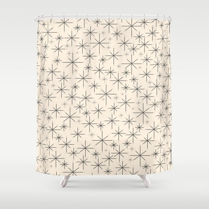 Stella III - Atomic Age Mid Century Modern Starburst Pattern in Charcoal Gray and Almond Cream Shower Curtain Gallery Image 1