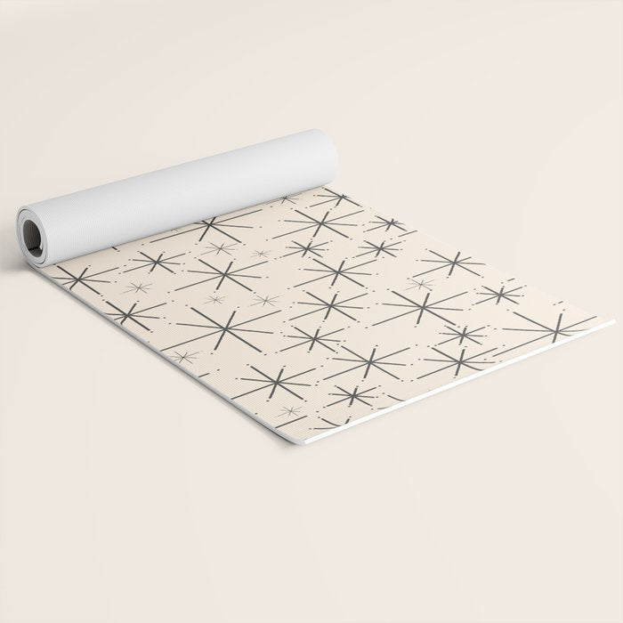 Stella III - Atomic Age Mid Century Modern Starburst Pattern in Charcoal Gray and Almond Cream Yoga Mat Gallery Image 2