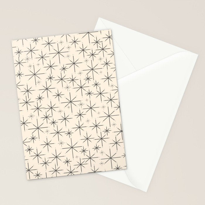 Stella III - Atomic Age Mid Century Modern Starburst Pattern in Charcoal Gray and Almond Cream Stationery Card Gallery Image 2