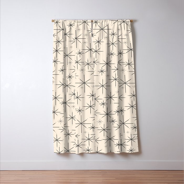 Stella III - Atomic Age Mid Century Modern Starburst Pattern in Charcoal Gray and Almond Cream Window Curtain Gallery Image 3