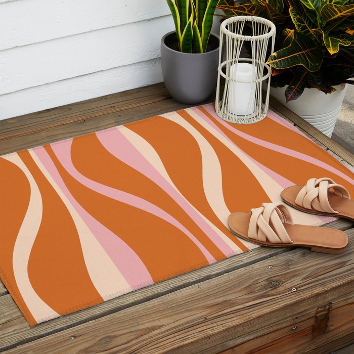 Mid Century Modern Retro Lounge Striped Ogee Pattern Pink Orange Cream Outdoor Rug Gallery Image 2