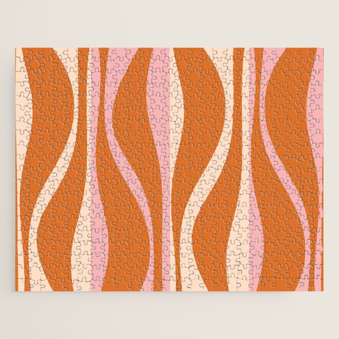 Mid Century Modern Retro Lounge Striped Ogee Pattern Pink Orange Cream Jigsaw Puzzle Gallery Image 1