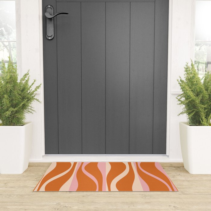 Mid Century Modern Retro Lounge Striped Ogee Pattern Pink Orange Cream Welcome Mat Gallery Image 3