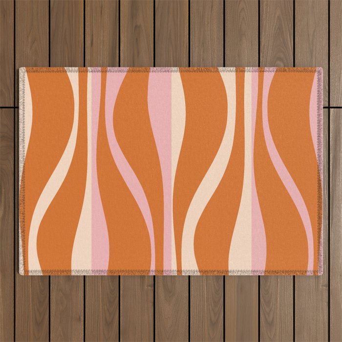 Mid Century Modern Retro Lounge Striped Ogee Pattern Pink Orange Cream Outdoor Rug Gallery Image 1