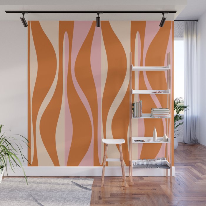 Mid Century Modern Retro Lounge Striped Ogee Pattern Pink Orange Cream Wall Mural Gallery Image 1