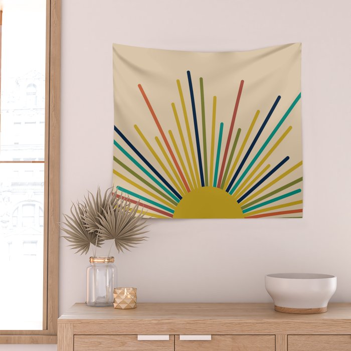 Multicolor Mid Century Modern Sunburst 5 Wall Tapestry Gallery Image 2