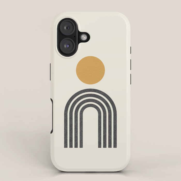 Mid century modern gold sun and black rainbow iPhone Case Gallery Image 1
