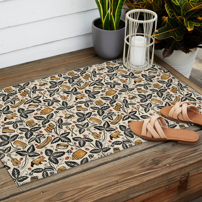 Summer Camping - Black, cream, and gold Outdoor Rug Gallery Image 2