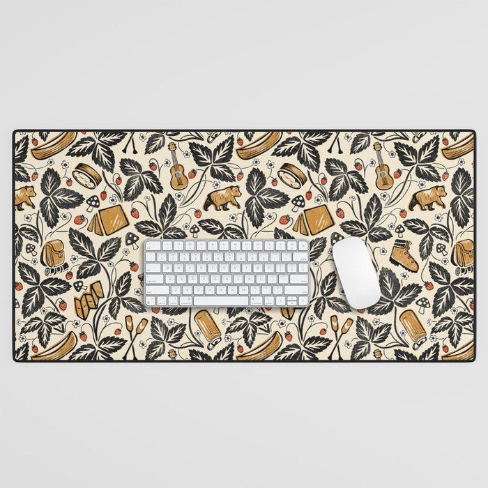 Summer Camping - Black, cream, and gold Desk Mat Gallery Image 1