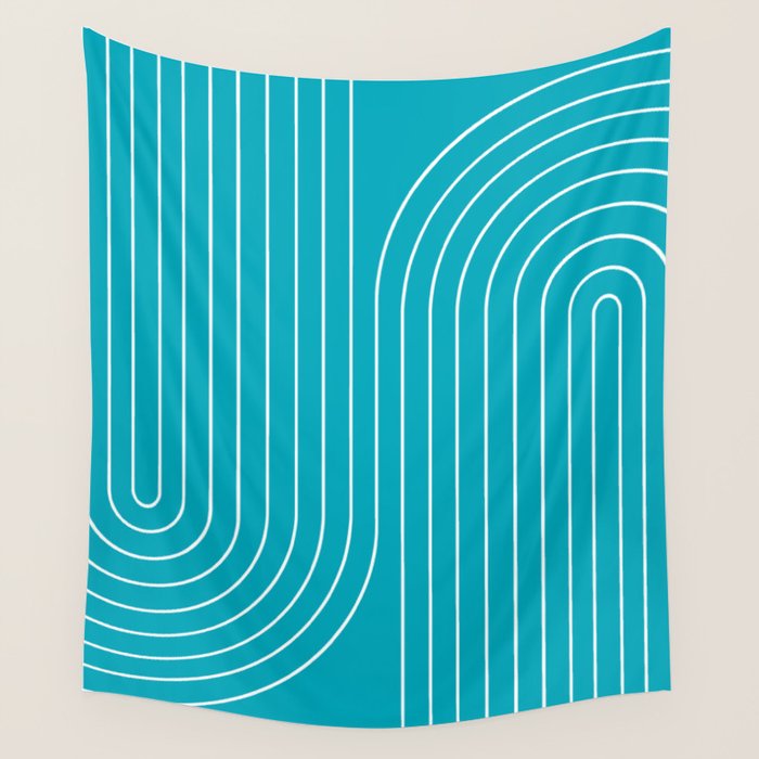 Minimal Line Curvature XV Bright Aqua Mid Century Modern Arch Abstract Wall Tapestry Gallery Image 4