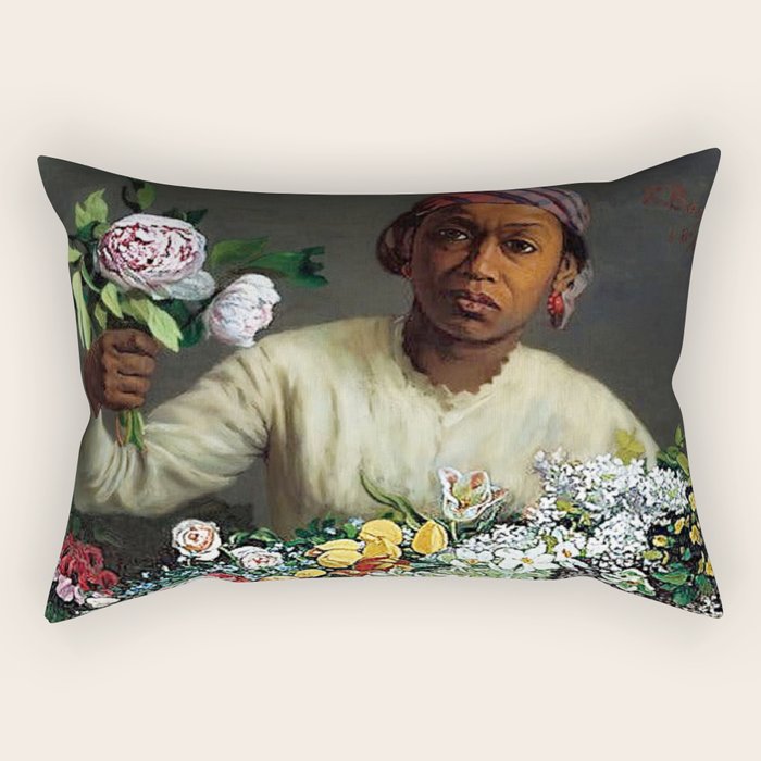 African American Masterpiece 'Young Woman with Peonies' by Frederic Bazille Rectangular Pillow Gallery Image 1